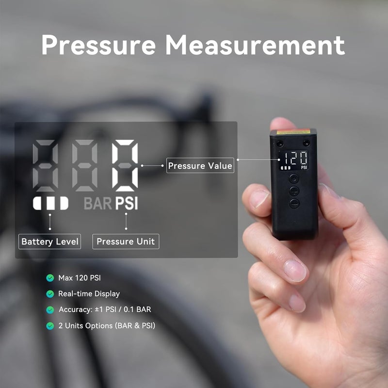 CYCPLUS AS2 Ultra Tiny Bicycle Pump with Gauge, Max 120 PSI Electric Mini Pump, Auto Stop, with Presta and Schrader Valve for E-Bike, MTB, and Road Bike AS2 Ultra (3.06oz) - Image 3